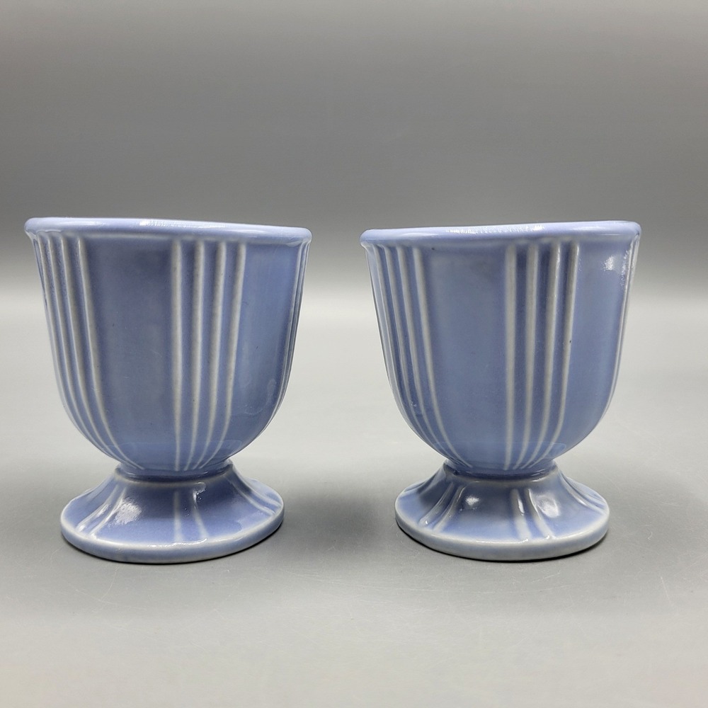 Hankscraft Egg Cups Set of 2 Vintage 800 Ribbed Pedestal Periwinkle Blue Ceramic